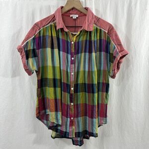 Sundance Taza Boho Colorful Fall Plaid Crochet Trim Button Up Top Womens Size M